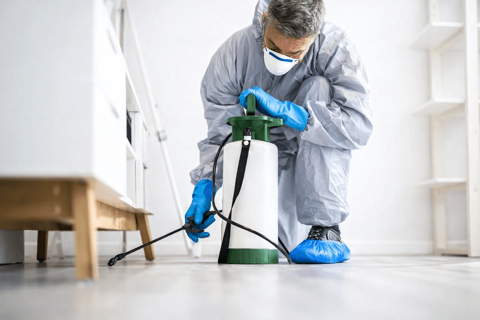 Pest control technician performing treatment and sealing work indoors
